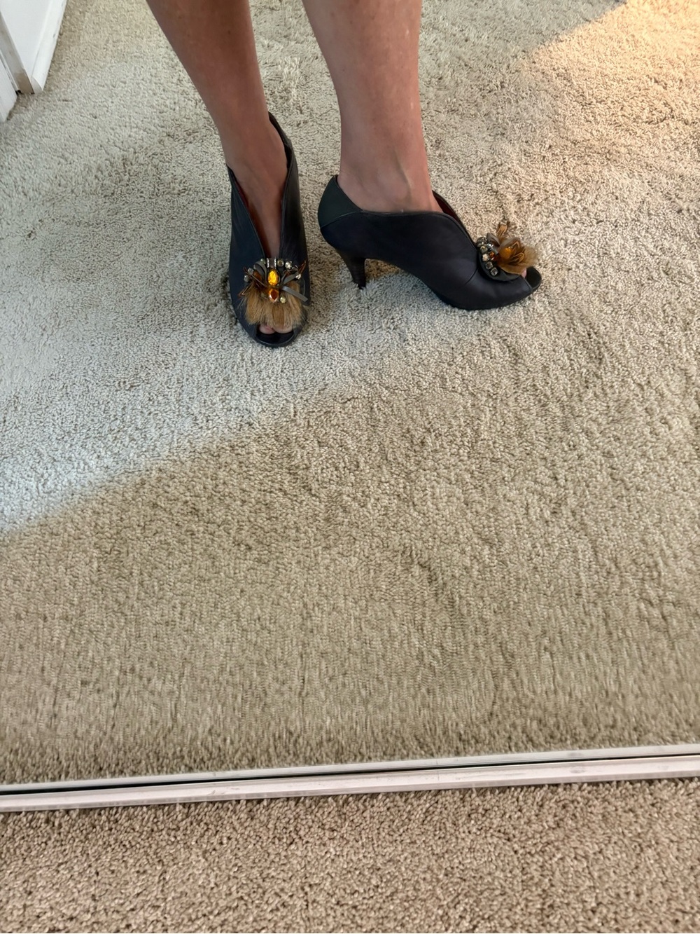 Poetic License aubergine Peep-Toe Heels with Amber Floral Embellishment